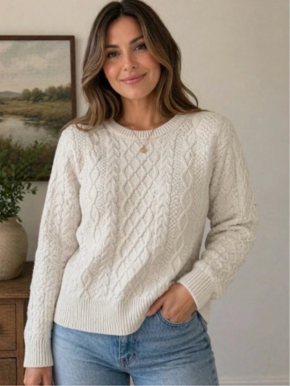 J. Crew Ecru Cable-Knit Crewneck Sweater